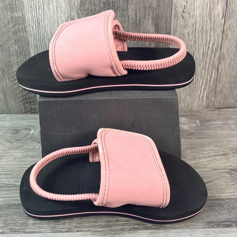 Rainbow Sandals Kids Pink Black Slide Sandals Back Strap Size 9/10 4869-0809